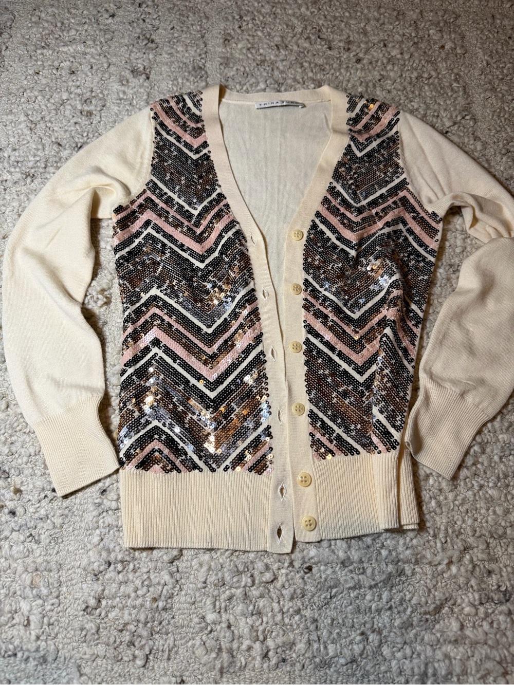 Trina Turk 100% Merino Wool Cream Sequin Chevron Cardigan with Pink Accents